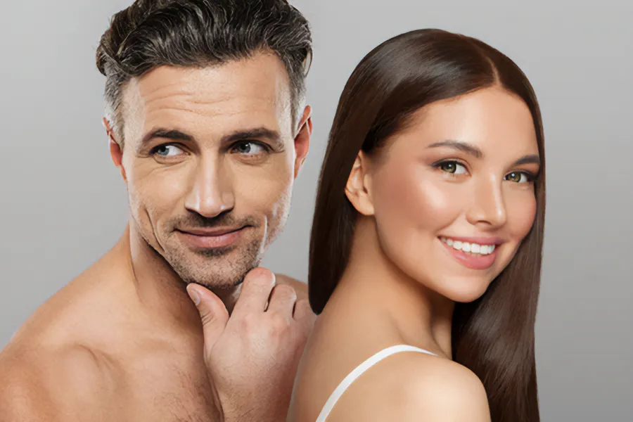 Aesthetics-Cosmetics-Doctor A handsome man and beautiful brunette woman stand against a gray background showing their smooth beautiful skin resulting from aesthetic and cosmetic care from Fonthealth in Niagara.