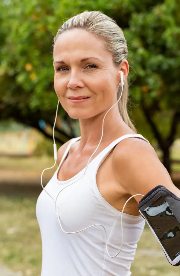 Insulin-Resistance-Treaatment A fit middle aged woman wearing earphones and a tank top smiles after a run. Get insulin resistance treatment from Fonthealth in Niagara.