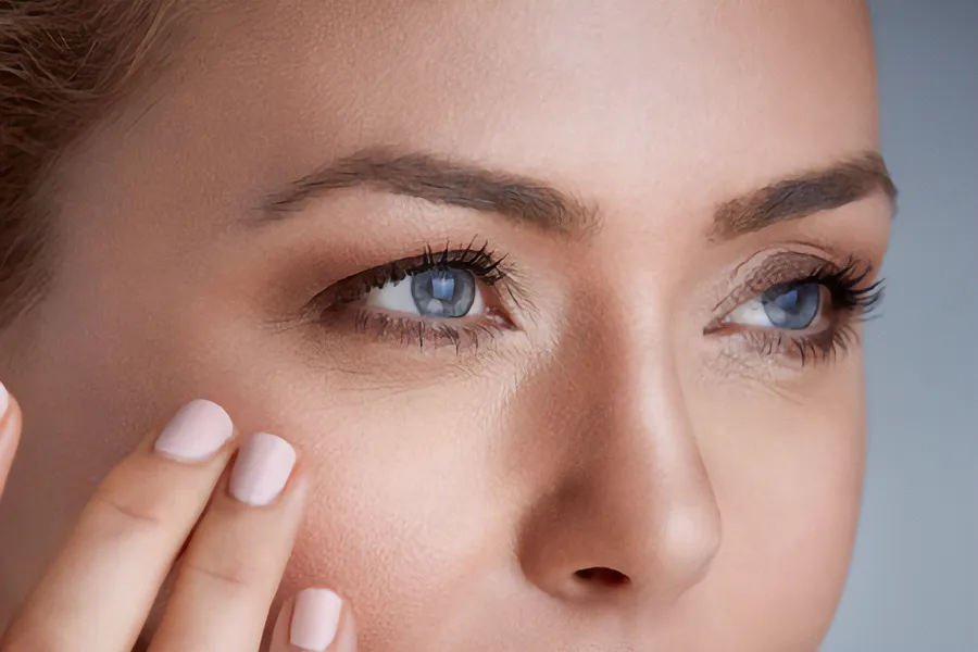 Regenerative-Under-Eye-PRP-Clinic A woman touches the healthy, beautiful skin under her eyes. Get PRP regenerative under eye treatment from Fonthealth in Niagara.